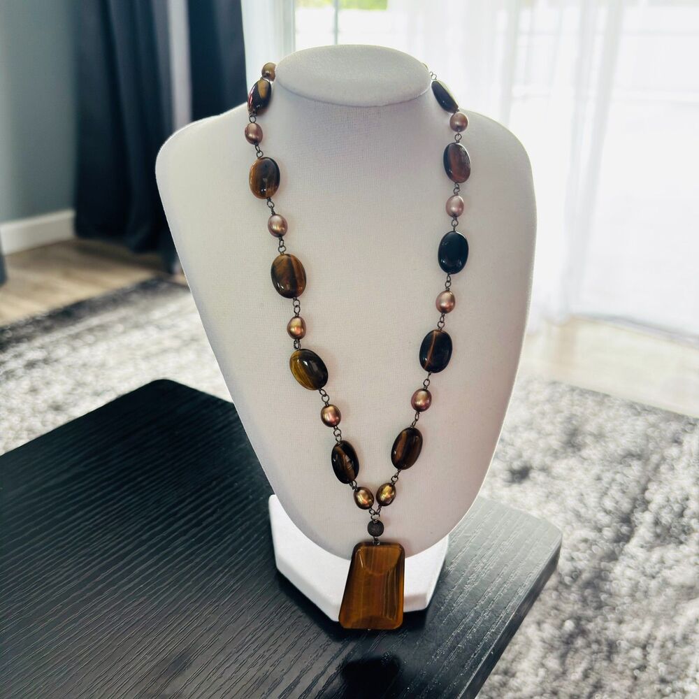 Natural Tigers Eye Bronze Pearl Statement Pendant Necklace Toggle Clasp